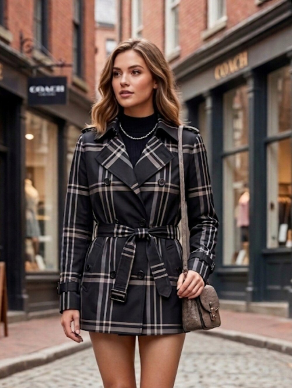 Coach Black Plaid Trench Coat with Gray Stripes - Picture 1 of 6